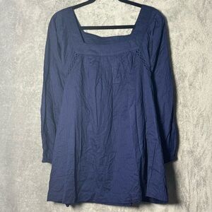 Lane Bryant 26 28 3X Shirt Top Navy Blue Solid 3/4 Sleeve Square Neck Cotton